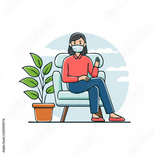 Woman in face mask sitting on chair with houseplant
