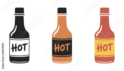 Fényképezés Hot Sauce Bottle Icon Set, Different Color Hot Sauce Bottles for Food Menu Desig