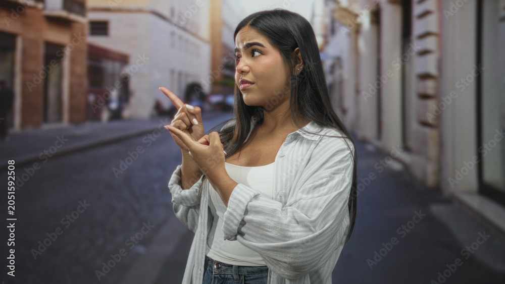 Fototapeta premium Young hispanic woman pointing with index finger and counting gesture on narrow cobblestone street; uncertainty and deliberation.