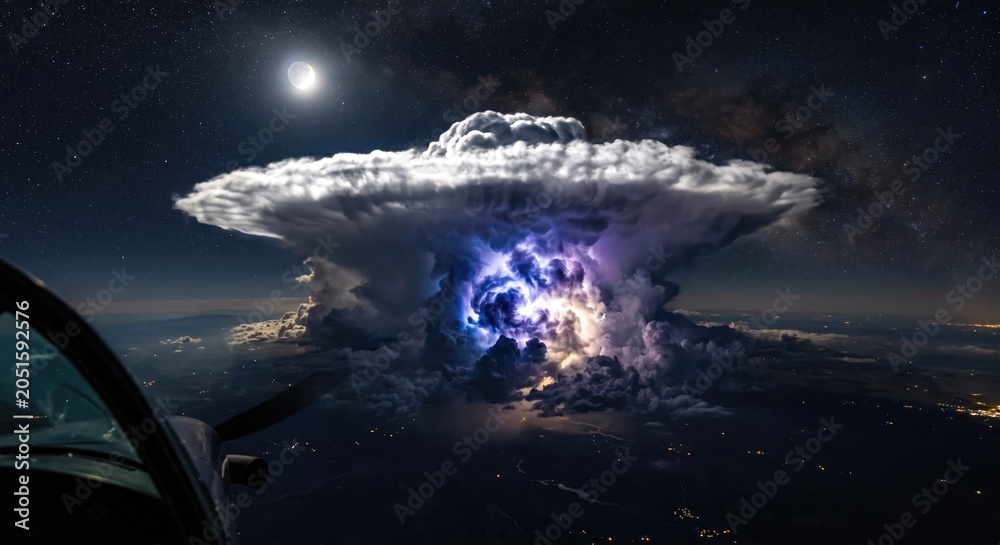 Obraz premium Mushroom cloud explosion at night with moonlight, apocalyptic scene