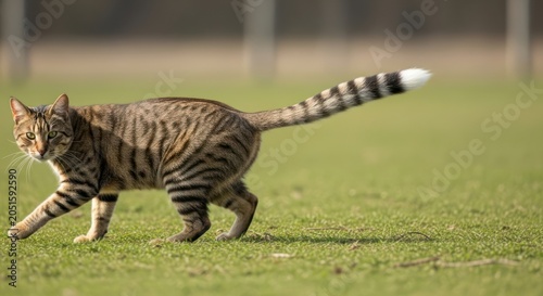 Striped Bengal Cat Walking on Green Grass Field.