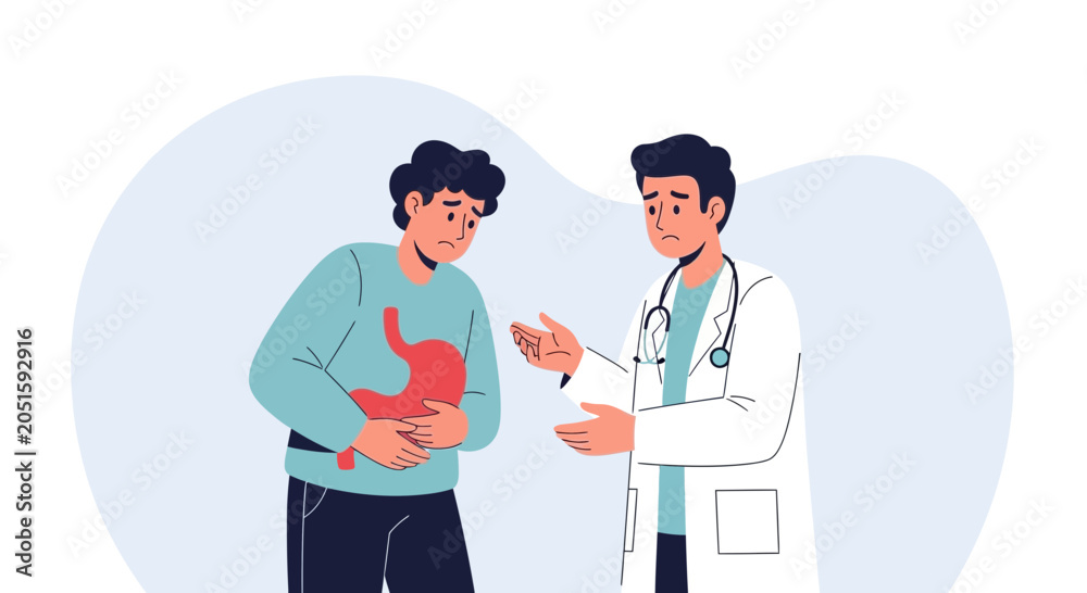 Fototapeta premium Doctor Consults Patient with Stomach Pain, Medical Illustration Concept