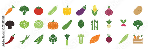 Collection of colorful flat vegetables and produce carrot broccoli tomato zucchini
