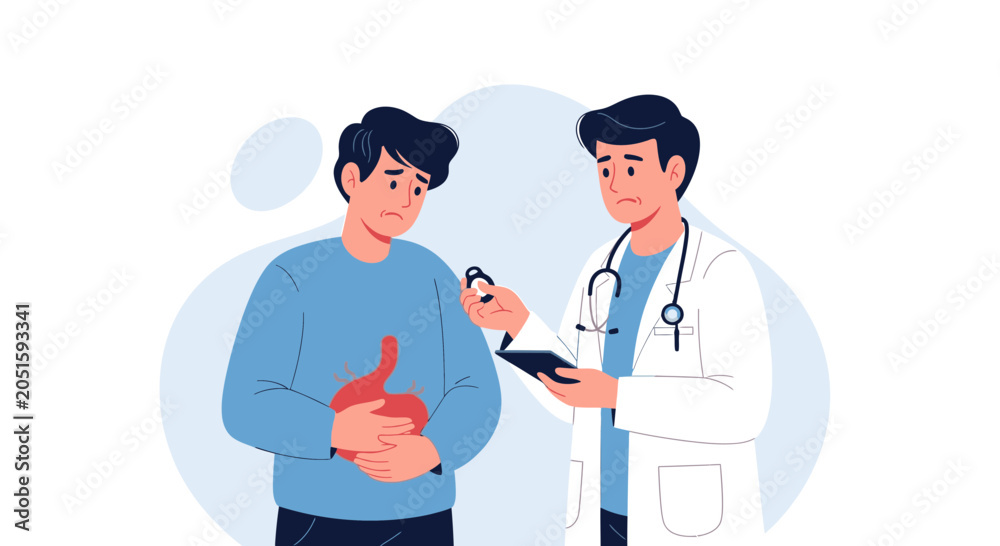 Fototapeta premium Doctor Consulting Patient with Stomach Pain, Medical Illustration