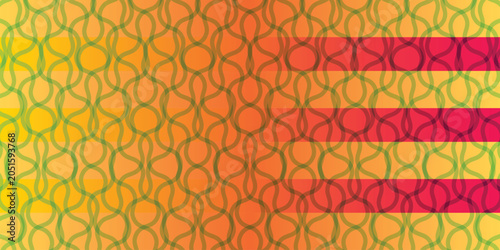 Abstract geometric background with wavy interlaced lines pattern over colorful warm horizontal stripes gradient.