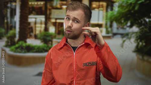 Canvastavla Man prisoner in orange jumpsuit pinching fingers near his face on a pedestrian street with planters and blurred building behind him; skepticism