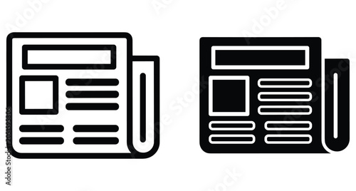 newspaper icon set featuring outline and solid glyph styles for news media journalism publication press article and daily report information