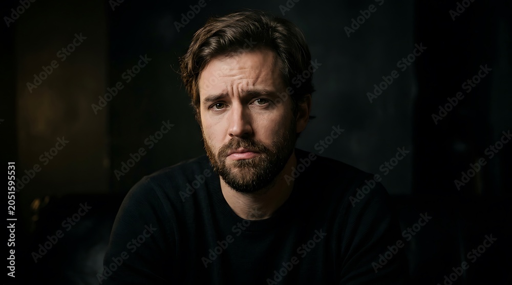 Obraz premium Serious man with thoughtful expression in dimly lit indoor setting