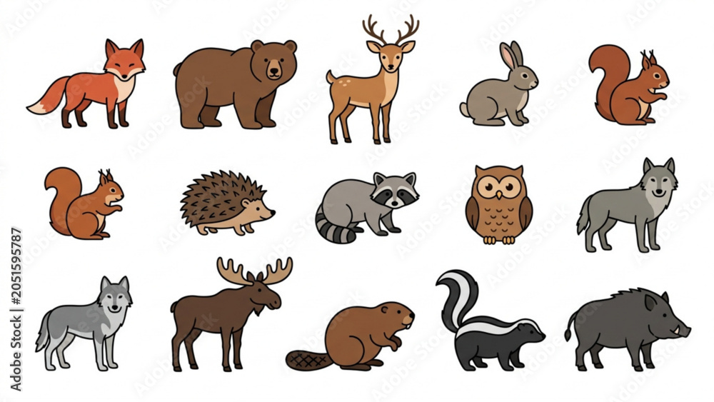 Obraz premium Cute Forest Animal Icons Vector Set – Fox, Bear, Deer and Woodland Friends Collection