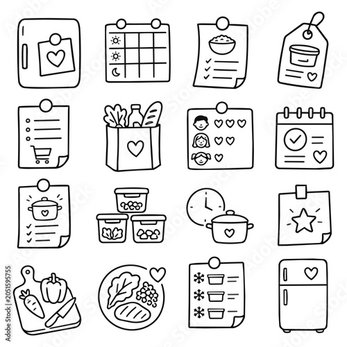 Heartfelt Home Meal Prep Doodles. Adorable sketch collection for efficient kitchen management. Illustrated concepts include grocery lists, recipe planning, and nourishing family meals. Symbolizes.