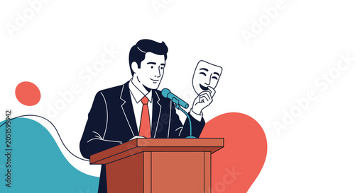 Professional male speaker standing at a wooden podium with a microphone holds a classical theater mask to represent deceit.