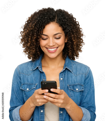 PNG Smiling woman using smartphone happily.
