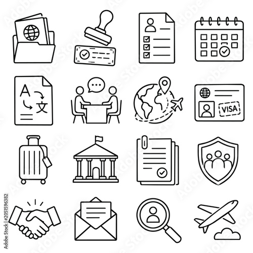Immigration Travel Visa Outline Icons. Comprehensive collection of linear icons illustrating international relocation, legal compliance, and global mobility processes. Perfect for administrative.