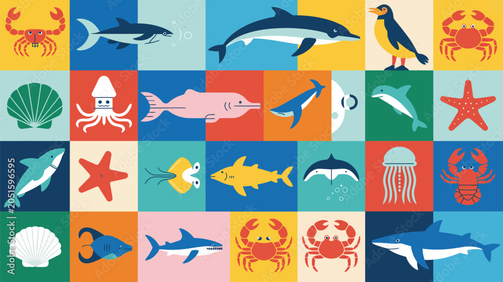 Fototapeta premium Minimalist vector icon set of twenty-five sea creatures on colorful square background tiles