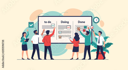 Office team using a kanban task board divided into sections of to do, doing, and done to manage their business workflow.