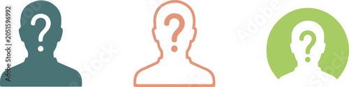 Male user avatar icon set, hand drawn vector illustration of anonymous person with question mark, profile placeholder symbol on transparent background.