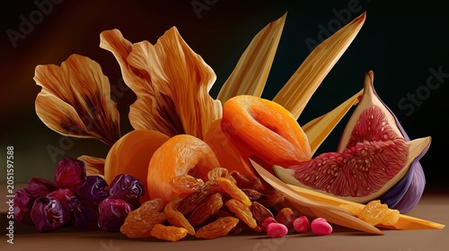 Stylized still life illustration of dried fruits and autumn leaves. Digital painting of apricots, figs, and raisins on a dark background
