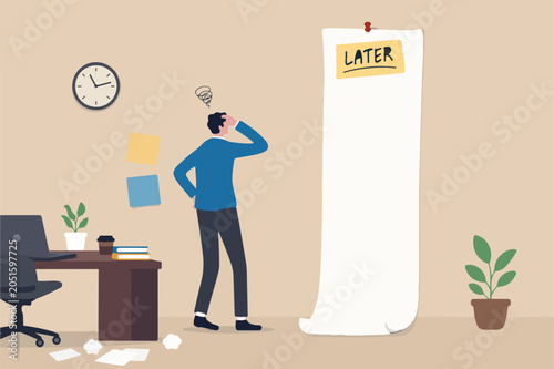 Procrastination, do it later, laziness to postpone every work tasks to later check list concept, frustrated businessman office worker look long list of later todo list paper note pinned on the wall.