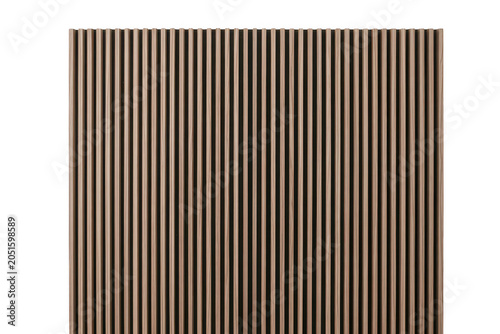 A vertical wall panel featuring repeating brown wooden slats with thin gaps, isolated on a black background, showcasing linear textures