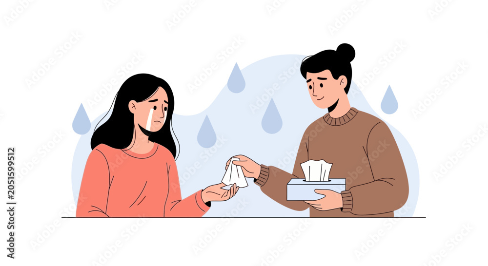 Fototapeta premium Kindness and Empathy: Person offering tissue to crying individual, symbolizing support and comfort during sadness.