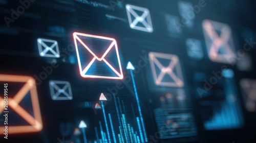 Digital Communication Stream: An abstract visualization of digital communication, showcasing glowing email icons overlaid on financial data charts and upward trending graphs.