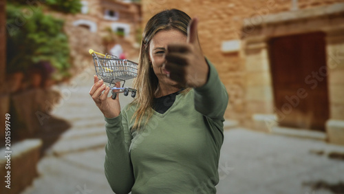 Quadro em tela Woman points finger at miniature shopping cart while holding it with one hand on old town street, squinting and smiling; playful savings idea
