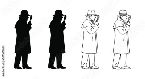 Detective with magnifying glass black silhouette and line art variations