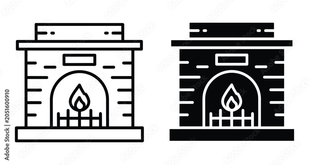 Fototapeta premium Fireplace icon set with outline and solid glyph styles featuring burning flame brick hearth for home interior heating design elements