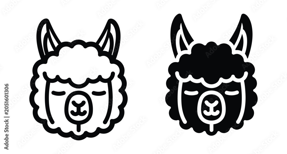 Fototapeta premium Cute llama alpaca head icon set with outline and solid glyph styles for animal logo design and web graphics
