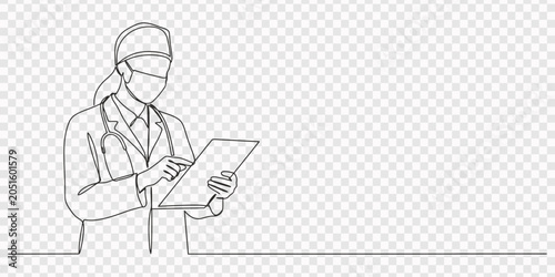 Photos Continuous one line drawing of a female doctor holding a clipboard, Female doctor with clipboard - simple line art of medical professional