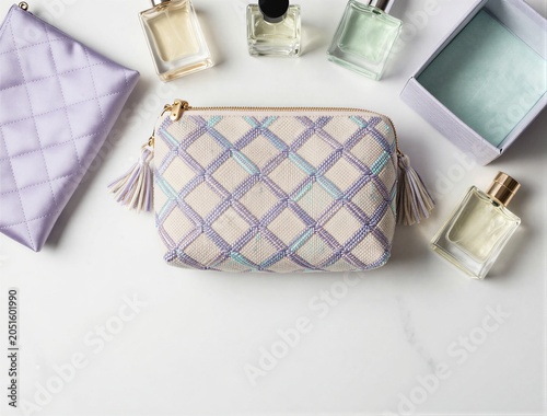 Cosmetic pouch with perfume bottles arranged on marble surface