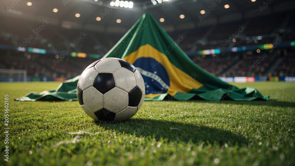 Fototapeta premium Soccer ball rests on the grass field in front of a large Brazilian flag draped across the stadium turf.