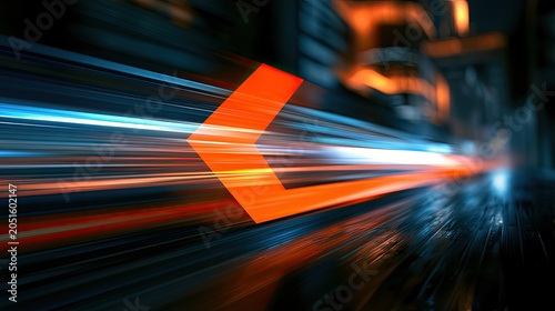 Streaking orange chevron on a blurred, fast-moving cityscape background