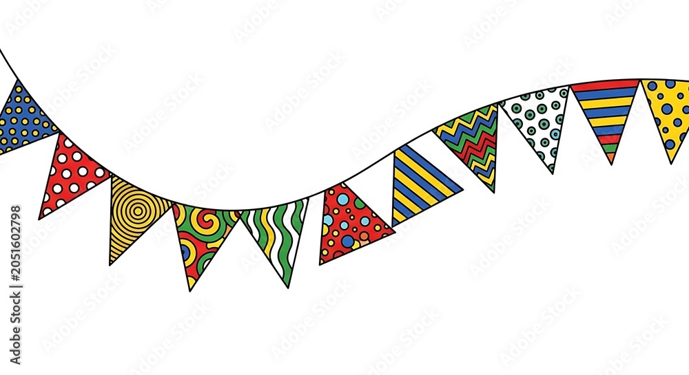 Obraz premium Brightly patterned triangular pennant flags strung in a curved line for a cheerful outdoor event.