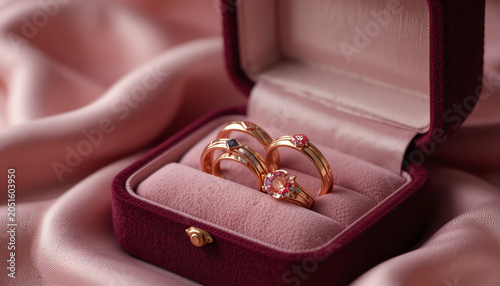 Rose gold rings arranged in a luxury velvet jewelry box, blush satin backdrop, elegant editorial photography