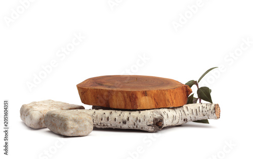 Wooden circle stump tray, Stones platform podium, Leaf  sprout on beige gray neutral natural background. Minimal empty display product presentation scene.