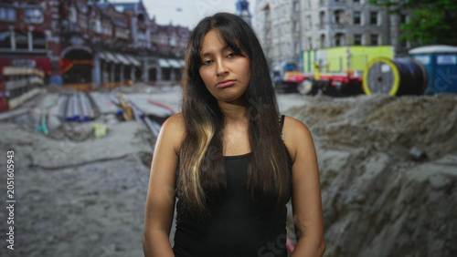 Canvas Print Hispanic woman pouting at a construction site in front of a building, looking sideways and downcast; urban frustration