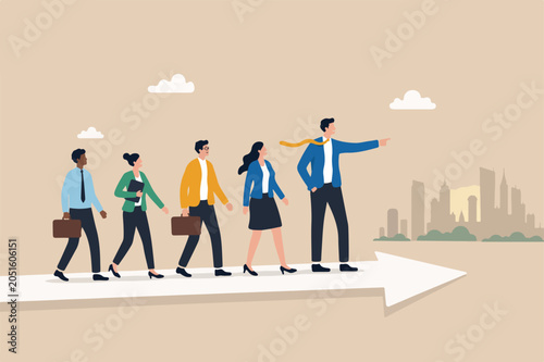 Corporate culture, people help drive company, ceo leadership or diversity and inclusive, people management concept, employee staffs together businessman pointing finger to lead company direction