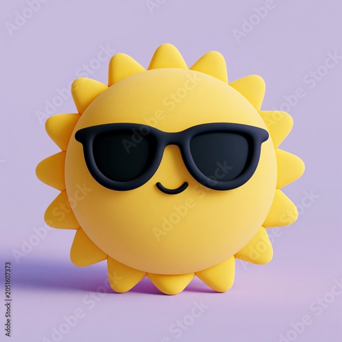 Cartoon sun wearing sunglasses on a pastel purple background