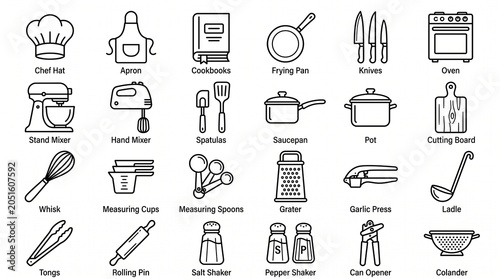Grid of twenty kitchen tool icons with labels, clean minimalist design for cooking guides, education, and organization references…