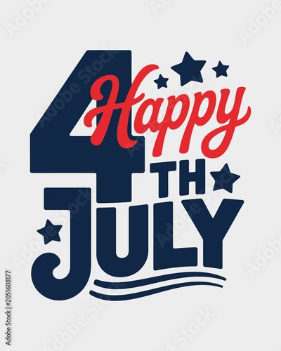 Happy 4th of July Typography with Bold Text and Stars for American Independence Day Celebration