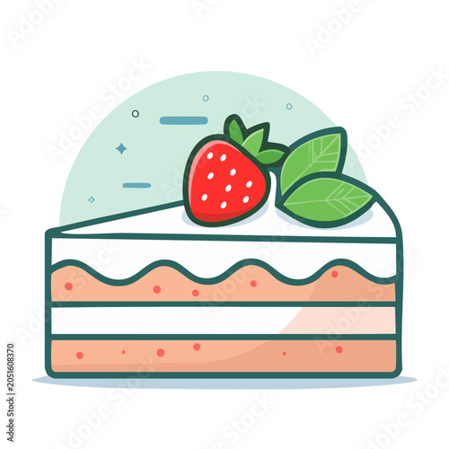 Flat design illustration of a slice of cake with strawberry and leaves