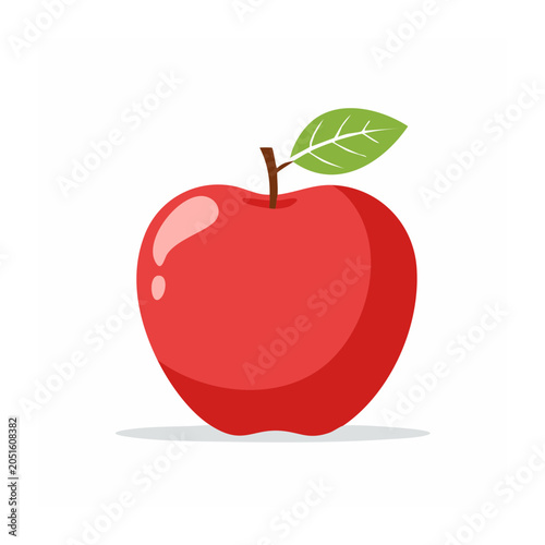 Flat design red apple with green leaf and stem