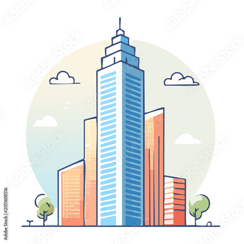Modern skyscrapers in a city with trees and clouds