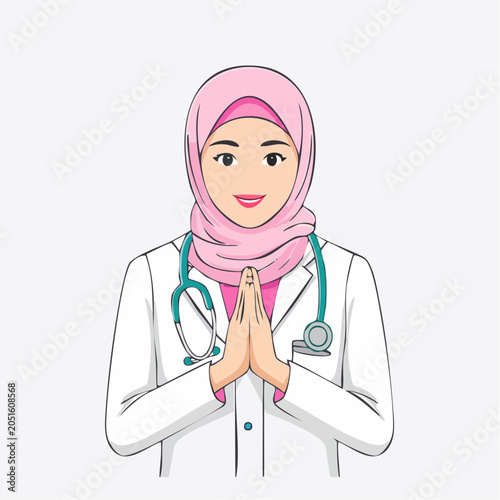 Muslim Doctor Wearing Hijab and Stethoscope Offering Greeting
