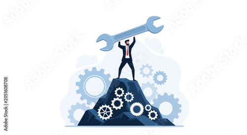 Businessman holding a large wrench on a mountain with gears, symbolizing strength and problem-solving in business.