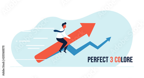 Businessman riding red arrow graph up, symbolizing success and growth in business and finance.