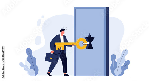 Businessman unlocking a door with a large golden key, symbolizing opportunity, success, and new beginnings.