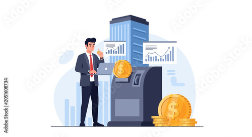 Businessman using ATM with financial charts and coins, representing banking, investment, and financial services.