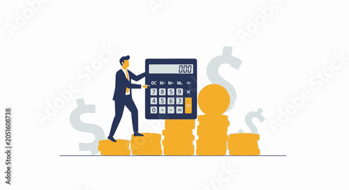 Businessman Using Calculator on Stacked Coins with Dollar Signs
